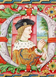 ポルトガル王マヌエル1世（1469-1521）「幸運王」- アレム・ドゥオロ著『Lettura Nova』より、1513年